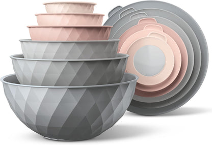 Mixing Bowls with Lids - 12 Piece Plastic Nesting Bowls Set includes 6 Prep Bowls and 6 Lids, Microwave Safe Mixing Bowl Set, Sage Embossed - Colors A
