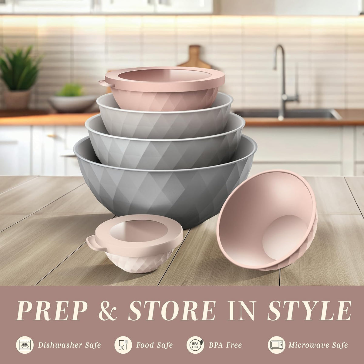 Mixing Bowls with Lids - 12 Piece Plastic Nesting Bowls Set includes 6 Prep Bowls and 6 Lids, Microwave Safe Mixing Bowl Set, Sage Embossed - Colors A