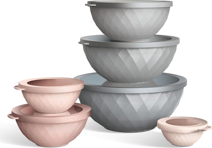 Mixing Bowls with Lids - 12 Piece Plastic Nesting Bowls Set includes 6 Prep Bowls and 6 Lids, Microwave Safe Mixing Bowl Set, Sage Embossed - Colors A