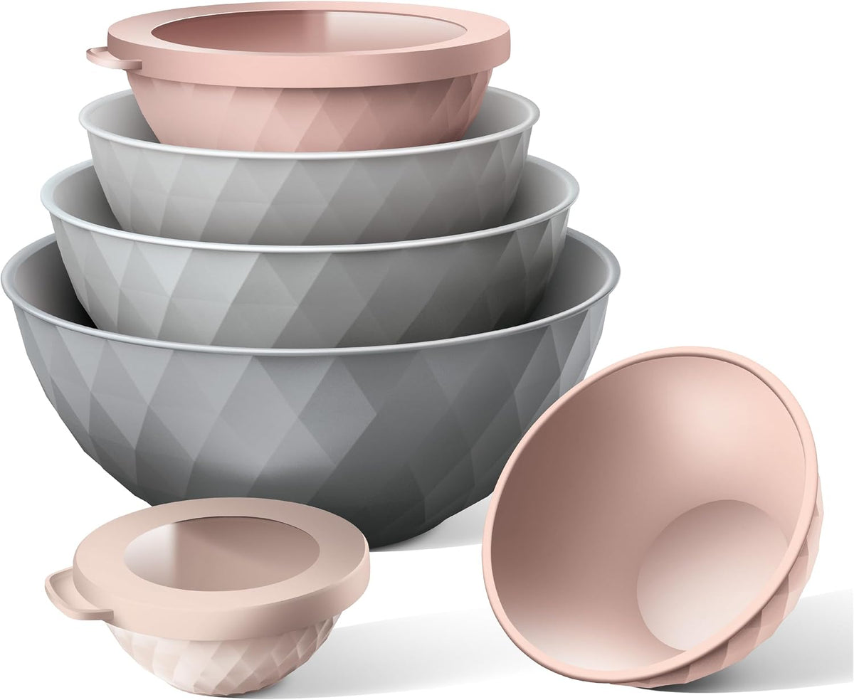 Mixing Bowls with Lids - 12 Piece Plastic Nesting Bowls Set includes 6 Prep Bowls and 6 Lids, Microwave Safe Mixing Bowl Set, Sage Embossed - Colors A