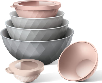 Mixing Bowls with Lids - 12 Piece Plastic Nesting Bowls Set includes 6 Prep Bowls and 6 Lids, Microwave Safe Mixing Bowl Set, Sage Embossed - Colors A