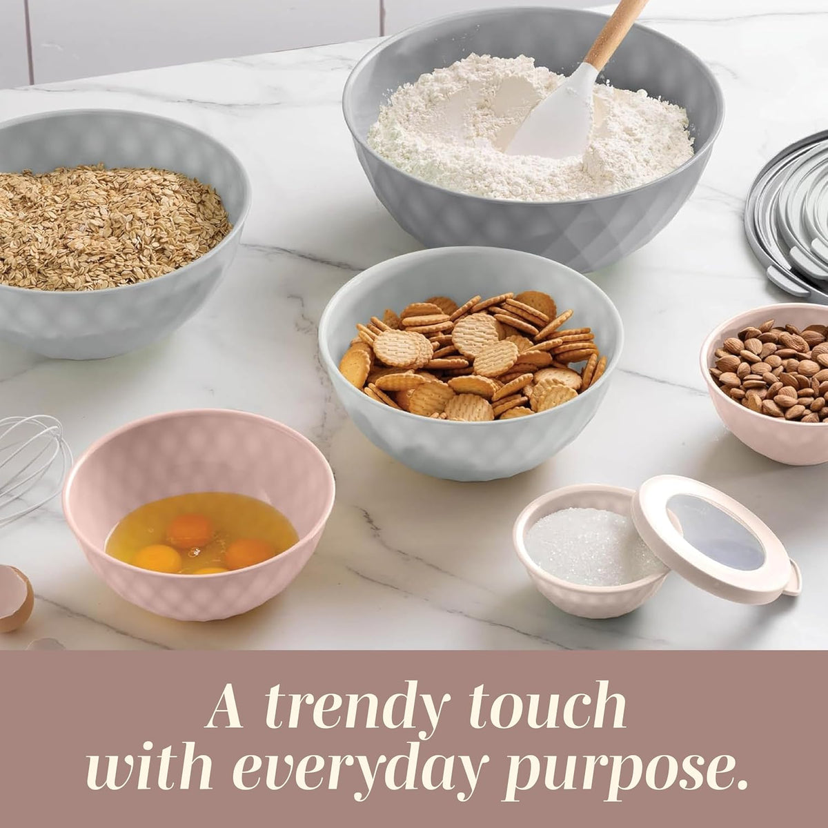 Mixing Bowls with Lids - 12 Piece Plastic Nesting Bowls Set includes 6 Prep Bowls and 6 Lids, Microwave Safe Mixing Bowl Set, Sage Embossed - Colors A