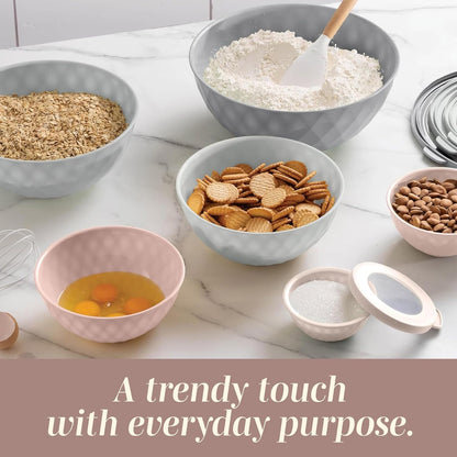 Mixing Bowls with Lids - 12 Piece Plastic Nesting Bowls Set includes 6 Prep Bowls and 6 Lids, Microwave Safe Mixing Bowl Set, Sage Embossed - Colors A