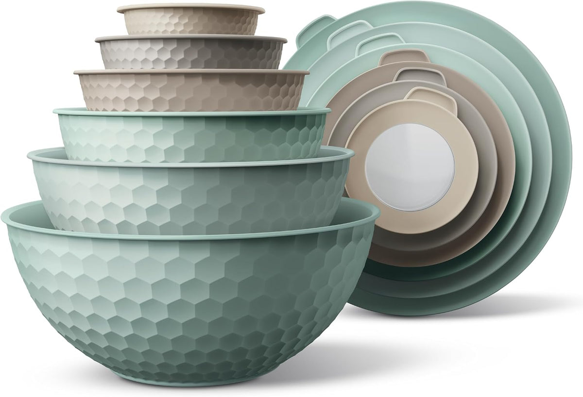 Mixing Bowls with Lids - 12 Piece Plastic Nesting Bowls Set includes 6 Prep Bowls and 6 Lids, Microwave Safe Mixing Bowl Set, Sage Embossed - Colors A