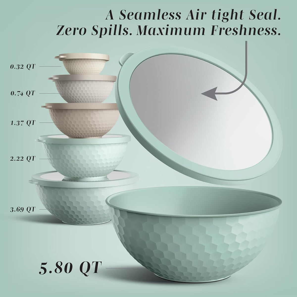 Mixing Bowls with Lids - 12 Piece Plastic Nesting Bowls Set includes 6 Prep Bowls and 6 Lids, Microwave Safe Mixing Bowl Set, Sage Embossed - Colors A