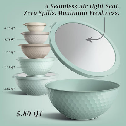 Mixing Bowls with Lids - 12 Piece Plastic Nesting Bowls Set includes 6 Prep Bowls and 6 Lids, Microwave Safe Mixing Bowl Set, Sage Embossed - Colors A