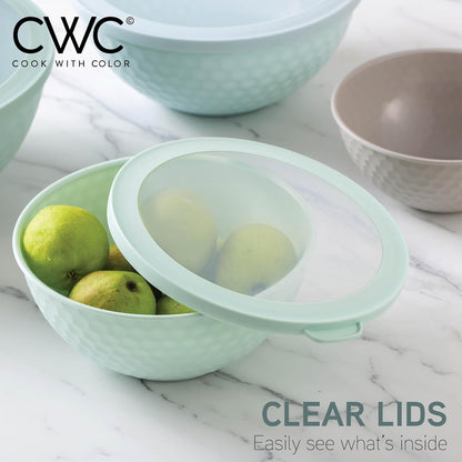Mixing Bowls with Lids - 12 Piece Plastic Nesting Bowls Set includes 6 Prep Bowls and 6 Lids, Microwave Safe Mixing Bowl Set, Sage Embossed - Colors A