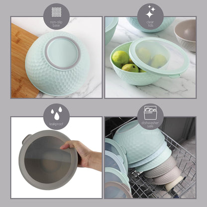 Mixing Bowls with Lids - 12 Piece Plastic Nesting Bowls Set includes 6 Prep Bowls and 6 Lids, Microwave Safe Mixing Bowl Set, Sage Embossed - Colors A