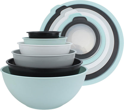 Mixing Bowls with Lids - 12 Piece Plastic Nesting Bowls Set includes 6 Prep Bowls and 6 Lids, Microwave Safe Mixing Bowl Set, Sage Embossed - Colors A