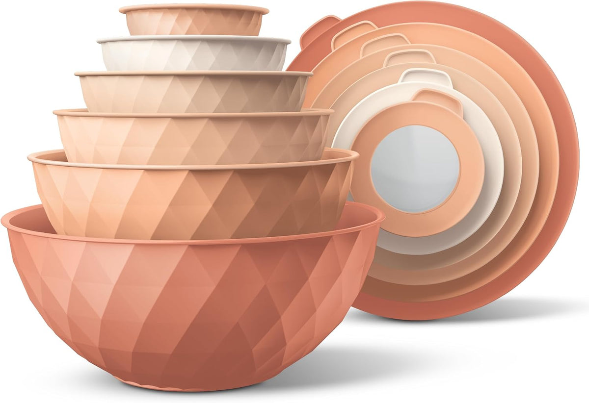 Mixing Bowls with Lids - 12 Piece Plastic Nesting Bowls Set includes 6 Prep Bowls and 6 Lids, Microwave Safe Mixing Bowl Set, Sage Embossed - Colors A