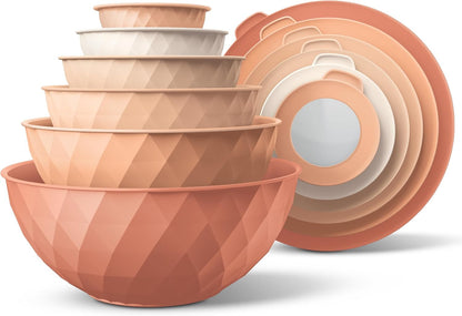 Mixing Bowls with Lids - 12 Piece Plastic Nesting Bowls Set includes 6 Prep Bowls and 6 Lids, Microwave Safe Mixing Bowl Set, Sage Embossed - Colors A