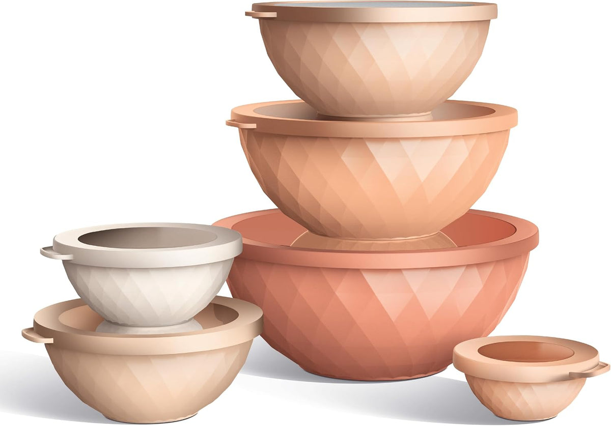 Mixing Bowls with Lids - 12 Piece Plastic Nesting Bowls Set includes 6 Prep Bowls and 6 Lids, Microwave Safe Mixing Bowl Set, Sage Embossed - Colors A