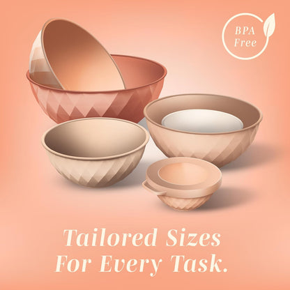 Mixing Bowls with Lids - 12 Piece Plastic Nesting Bowls Set includes 6 Prep Bowls and 6 Lids, Microwave Safe Mixing Bowl Set, Sage Embossed - Colors A
