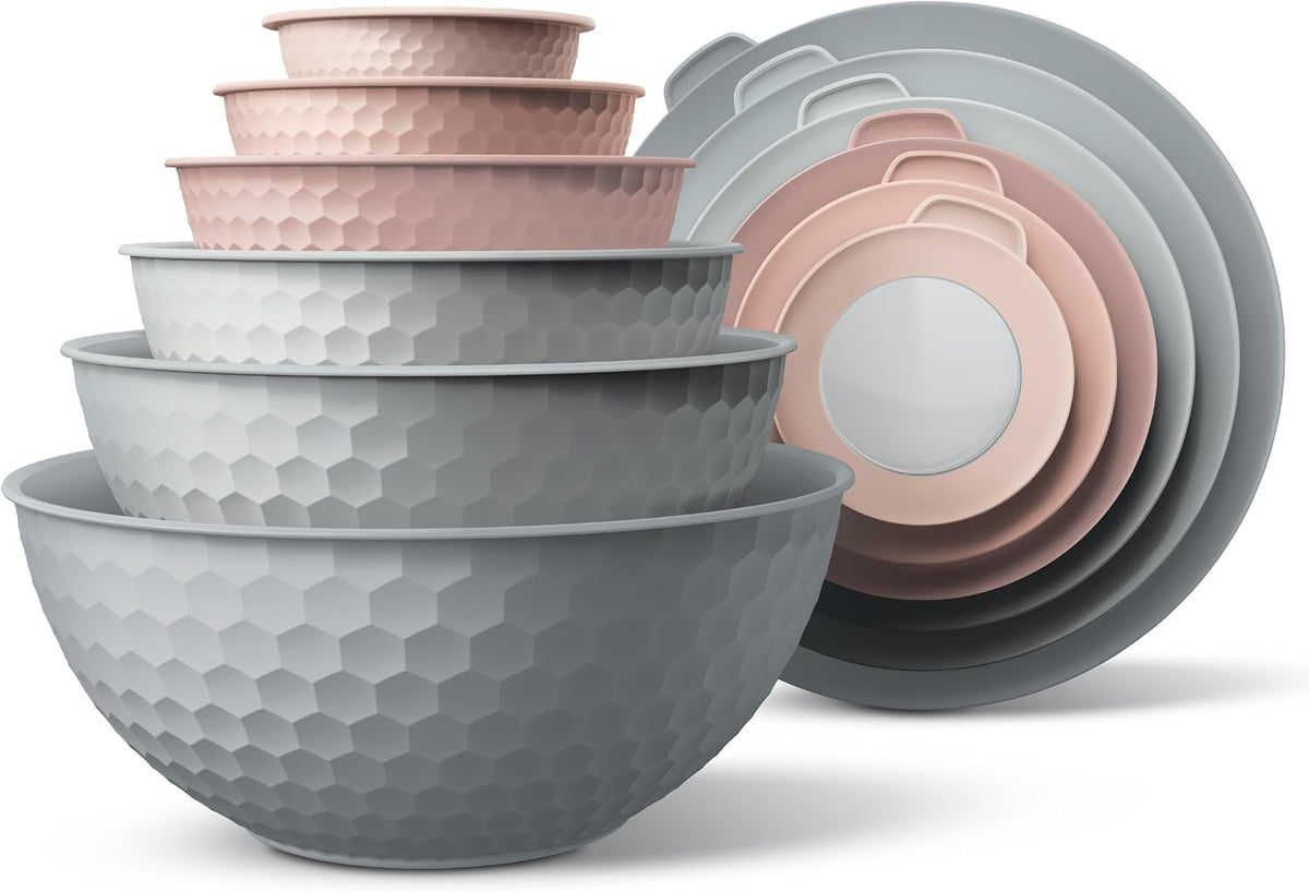 Mixing Bowls with Lids - 12 Piece Plastic Nesting Bowls Set includes 6 Prep Bowls and 6 Lids, Microwave Safe Mixing Bowl Set, Sage Embossed - Colors A