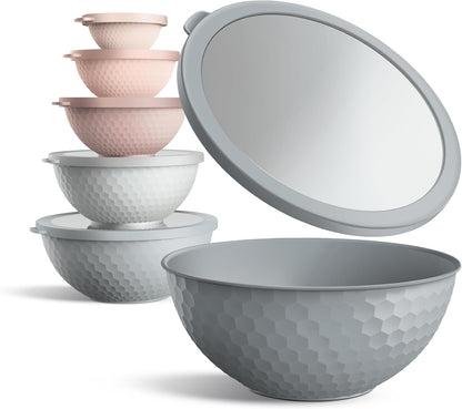Mixing Bowls with Lids - 12 Piece Plastic Nesting Bowls Set includes 6 Prep Bowls and 6 Lids, Microwave Safe Mixing Bowl Set, Sage Embossed - Colors A