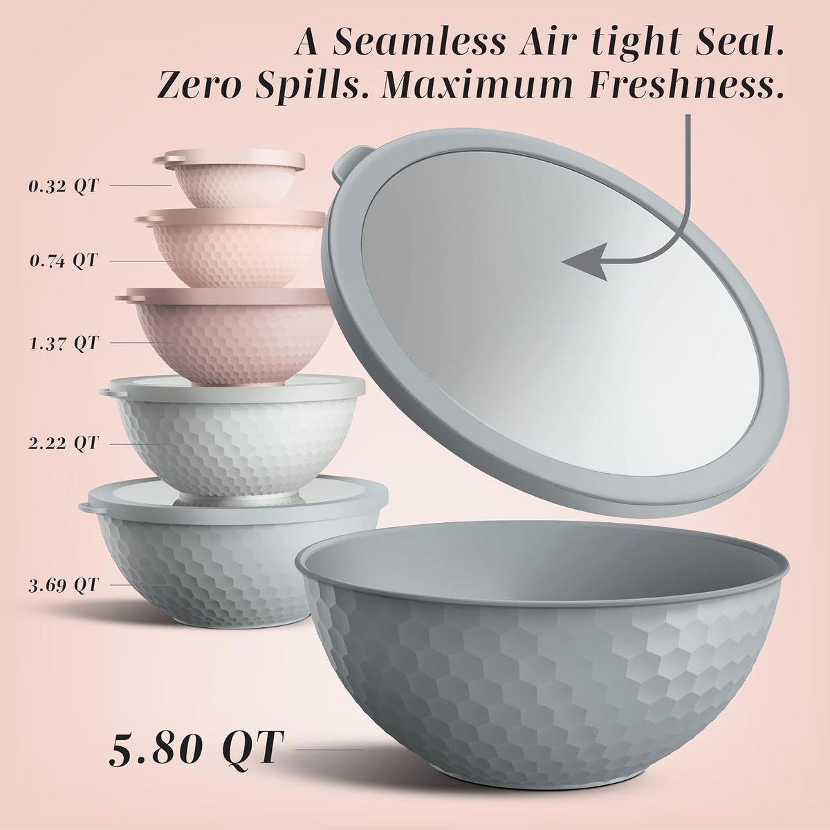 Mixing Bowls with Lids - 12 Piece Plastic Nesting Bowls Set includes 6 Prep Bowls and 6 Lids, Microwave Safe Mixing Bowl Set, Sage Embossed - Colors A