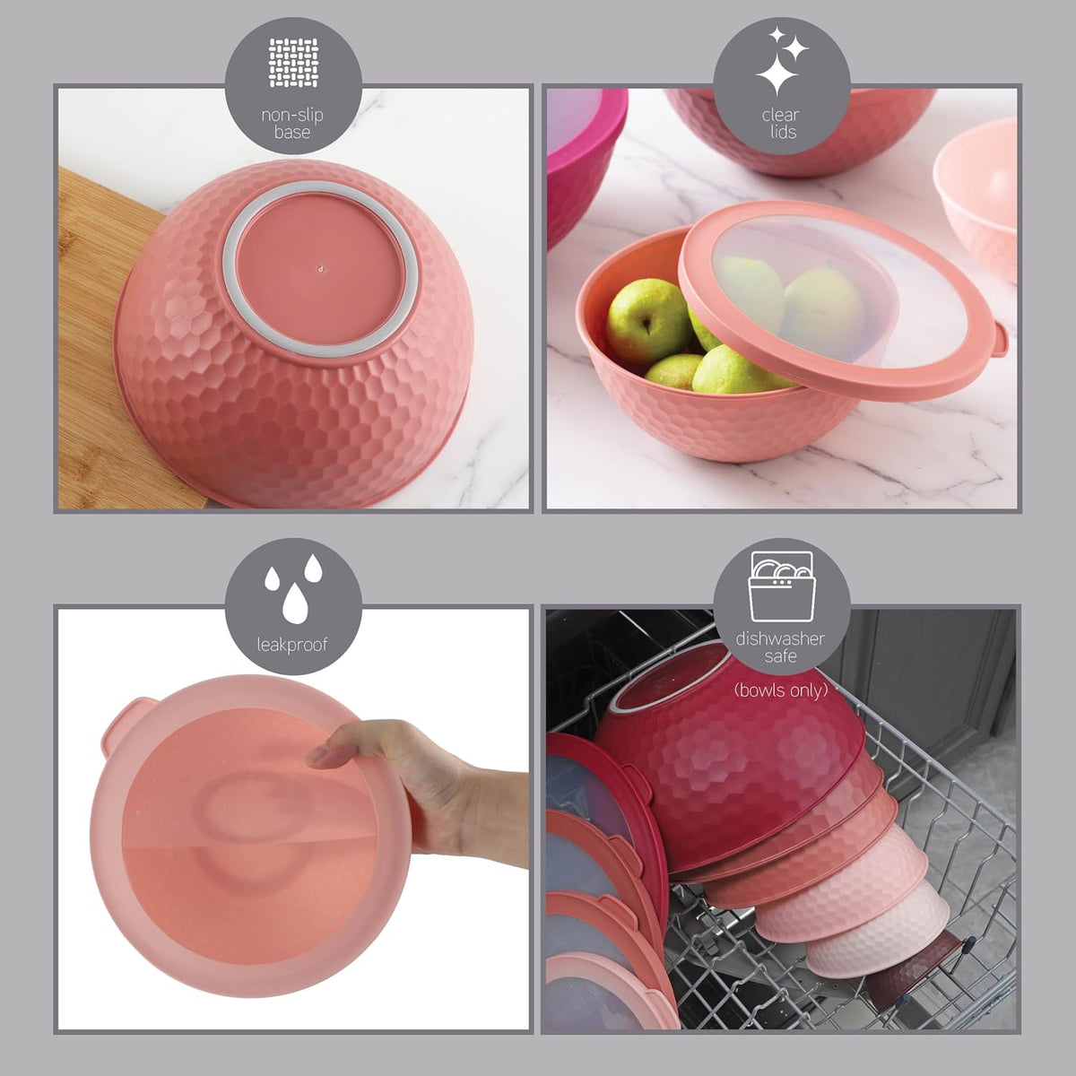 Mixing Bowls with Lids - 12 Piece Plastic Nesting Bowls Set includes 6 Prep Bowls and 6 Lids, Microwave Safe Mixing Bowl Set, Sage Embossed - Colors A