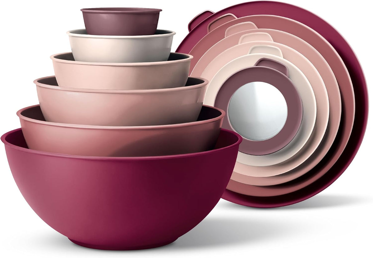 Mixing Bowls with Lids - 12 Piece Plastic Nesting Bowls Set includes 6 Prep Bowls and 6 Lids, Microwave Safe Mixing Bowl Set, Sage Embossed - Colors A