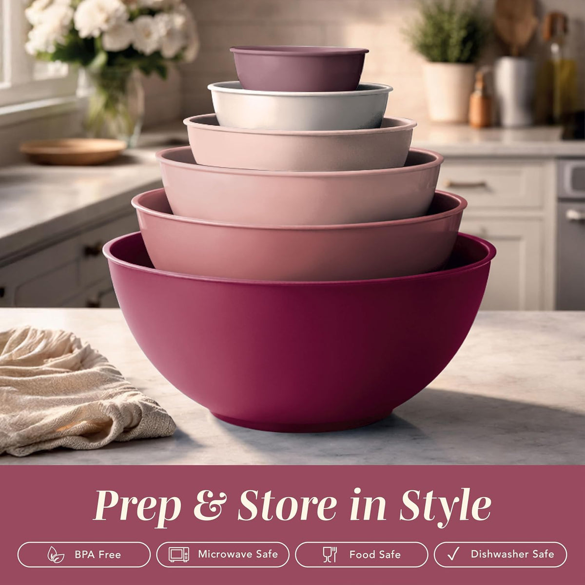 Mixing Bowls with Lids - 12 Piece Plastic Nesting Bowls Set includes 6 Prep Bowls and 6 Lids, Microwave Safe Mixing Bowl Set, Sage Embossed - Colors A