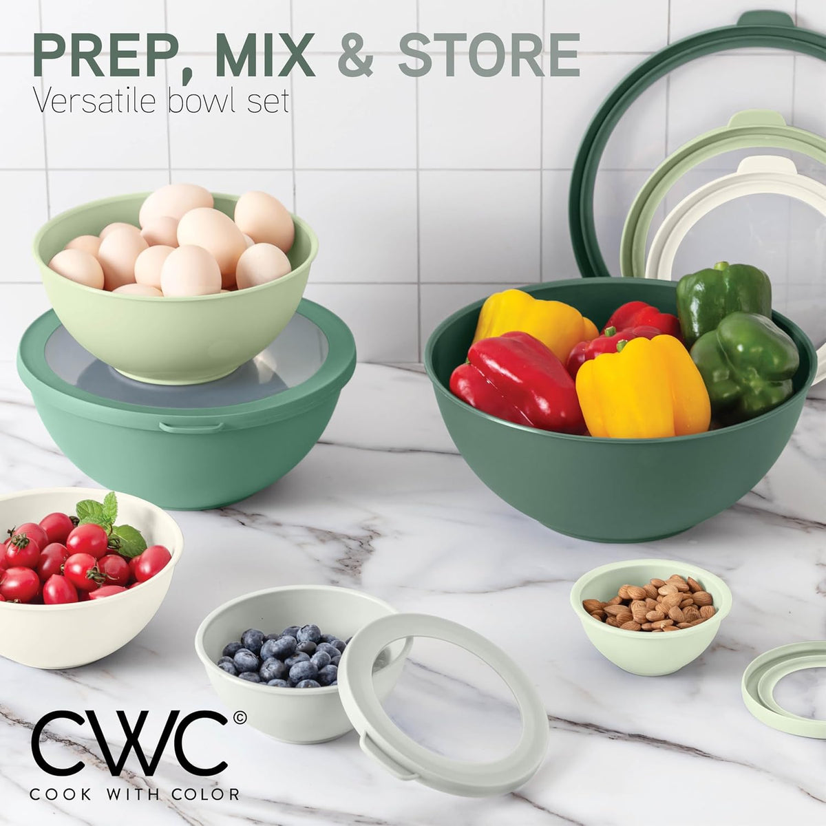 Mixing Bowls with Lids - 12 Piece Plastic Nesting Bowls Set includes 6 Prep Bowls and 6 Lids, Microwave Safe Mixing Bowl Set, Sage Embossed - Colors A