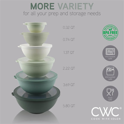 Mixing Bowls with Lids - 12 Piece Plastic Nesting Bowls Set includes 6 Prep Bowls and 6 Lids, Microwave Safe Mixing Bowl Set, Sage Embossed - Colors A