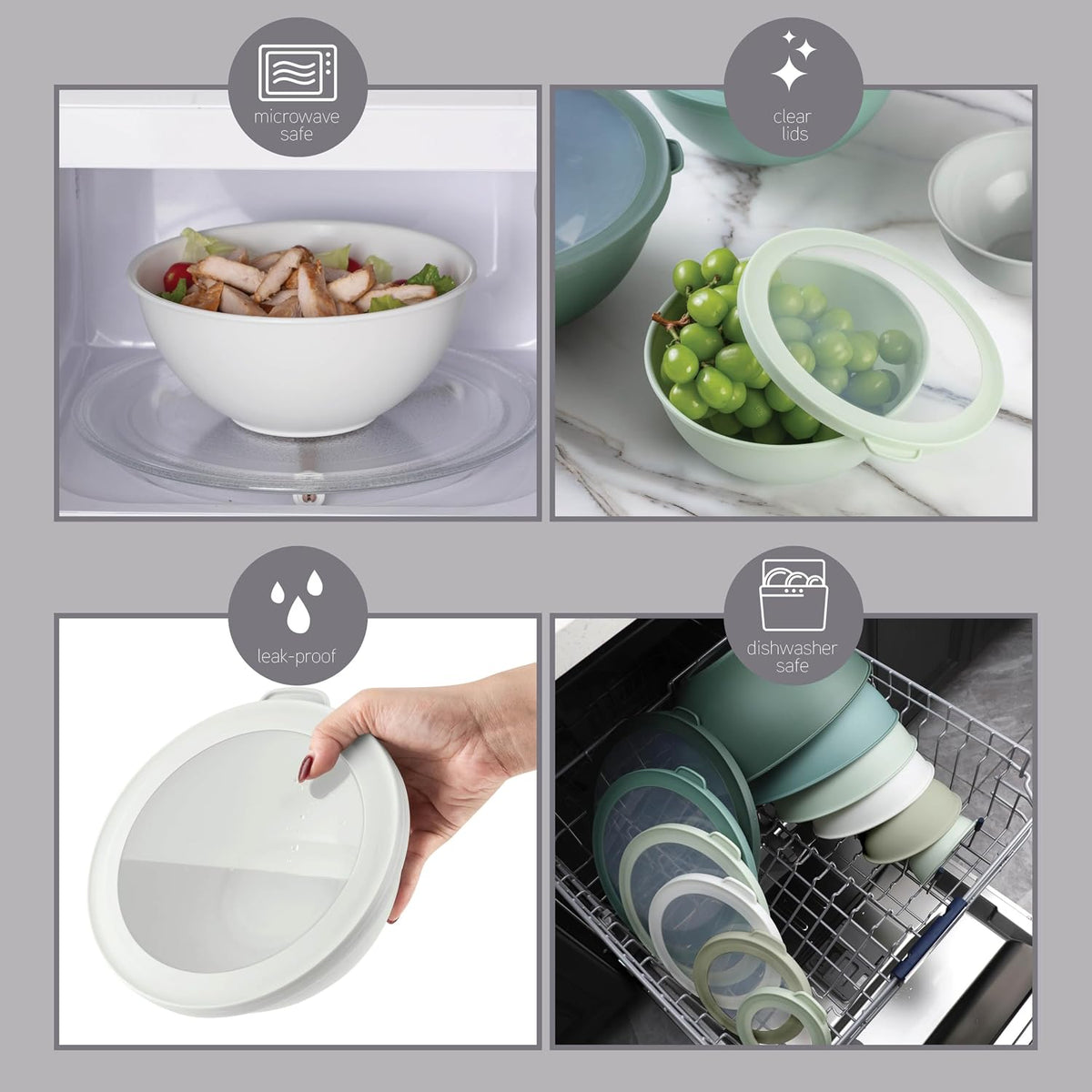 Mixing Bowls with Lids - 12 Piece Plastic Nesting Bowls Set includes 6 Prep Bowls and 6 Lids, Microwave Safe Mixing Bowl Set, Sage Embossed - Colors A