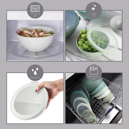 Mixing Bowls with Lids - 12 Piece Plastic Nesting Bowls Set includes 6 Prep Bowls and 6 Lids, Microwave Safe Mixing Bowl Set, Sage Embossed - Colors A