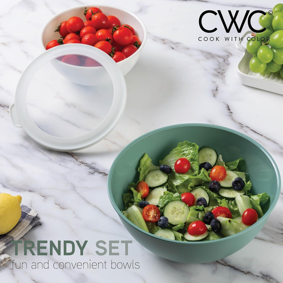 Mixing Bowls with Lids - 12 Piece Plastic Nesting Bowls Set includes 6 Prep Bowls and 6 Lids, Microwave Safe Mixing Bowl Set, Sage Embossed - Colors A