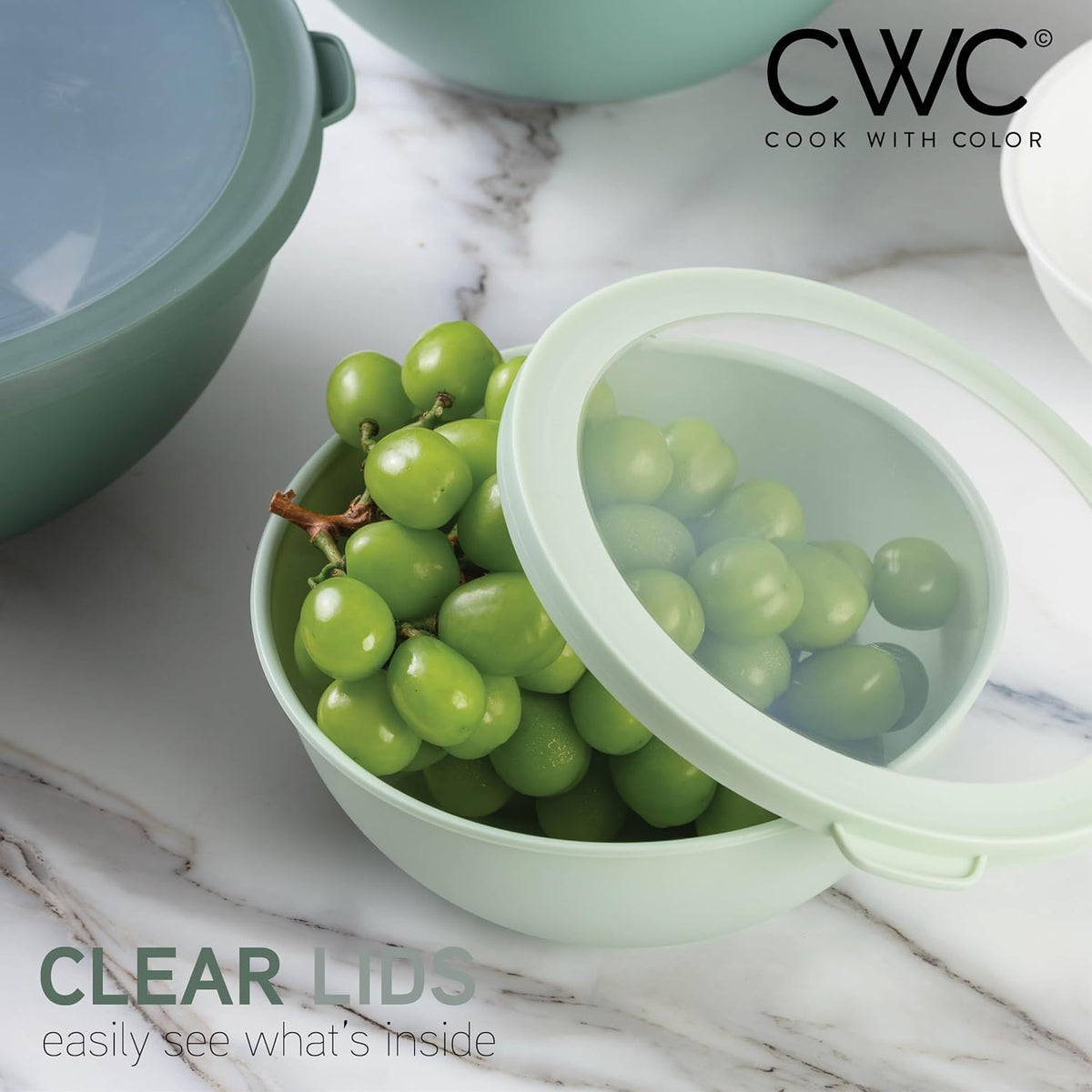 Mixing Bowls with Lids - 12 Piece Plastic Nesting Bowls Set includes 6 Prep Bowls and 6 Lids, Microwave Safe Mixing Bowl Set, Sage Embossed - Colors A