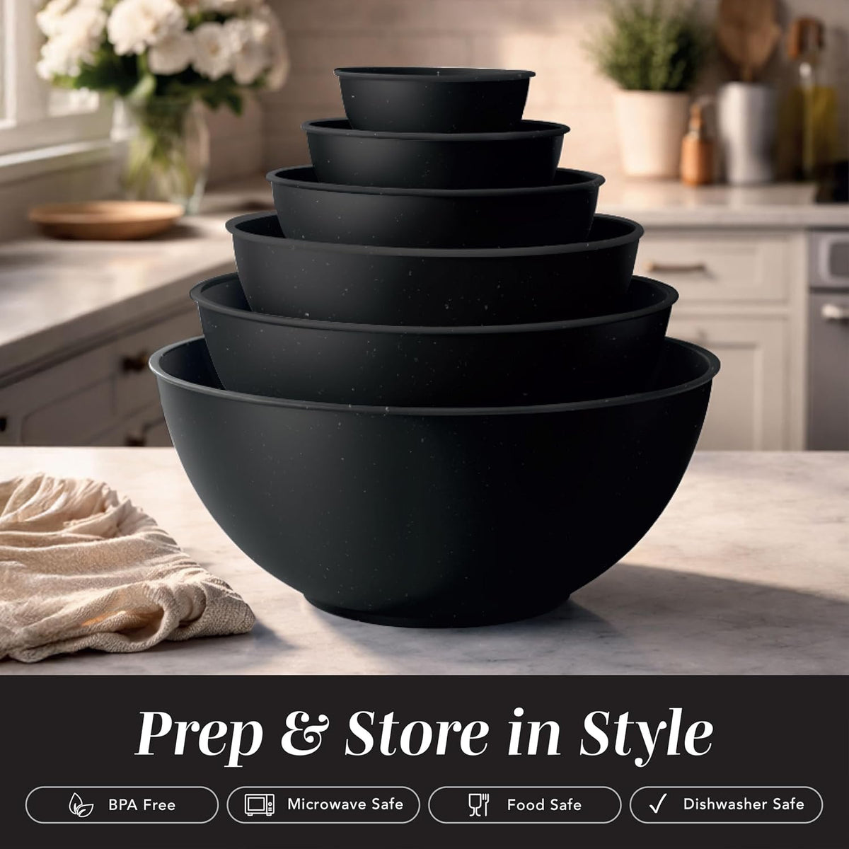 Mixing Bowls with Lids - 12 Piece Plastic Nesting Bowls Set includes 6 Prep Bowls and 6 Lids, Microwave Safe Mixing Bowl Set, Sage Embossed - Colors A