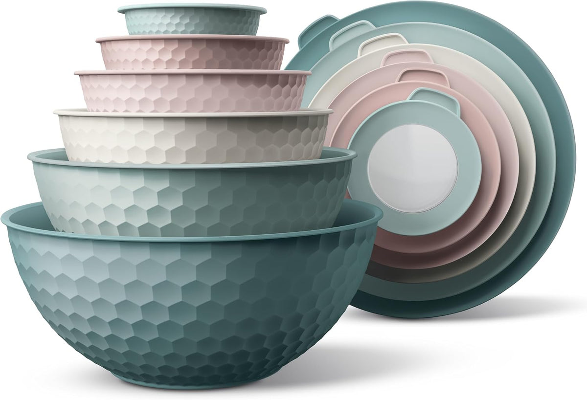 Mixing Bowls with Lids - 12 Piece Plastic Nesting Bowls Set includes 6 Prep Bowls and 6 Lids, Microwave Safe Mixing Bowl Set, Sage Embossed - Colors A