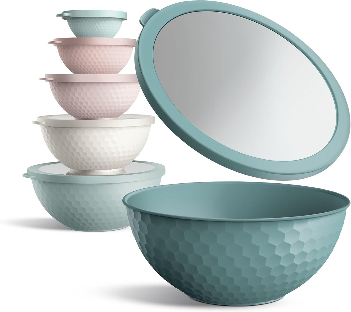 Mixing Bowls with Lids - 12 Piece Plastic Nesting Bowls Set includes 6 Prep Bowls and 6 Lids, Microwave Safe Mixing Bowl Set, Sage Embossed - Colors A