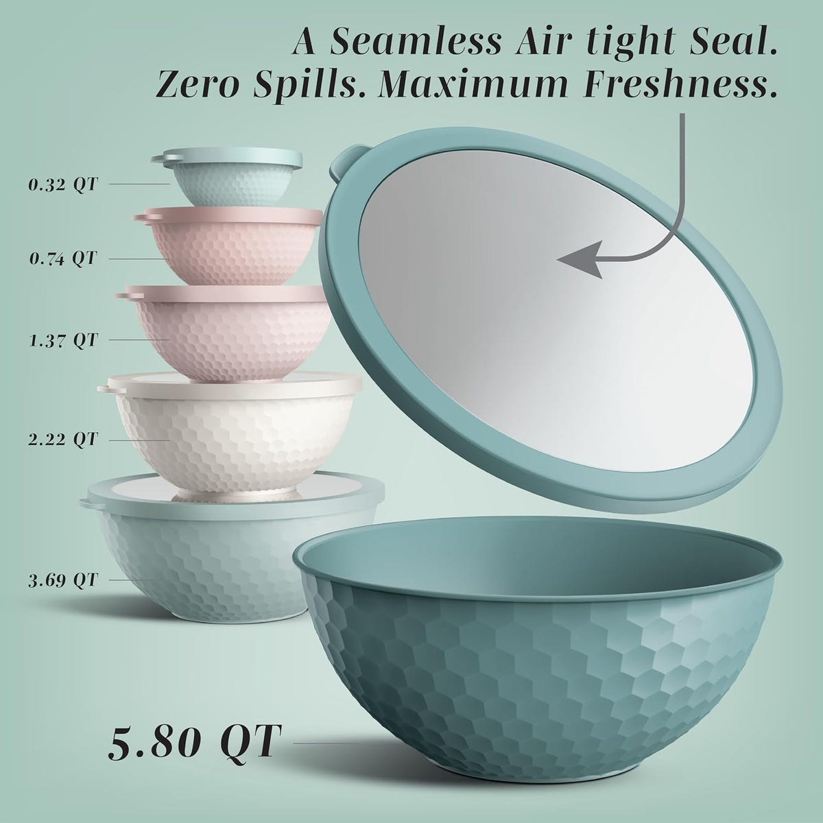 Mixing Bowls with Lids - 12 Piece Plastic Nesting Bowls Set includes 6 Prep Bowls and 6 Lids, Microwave Safe Mixing Bowl Set, Sage Embossed - Colors A
