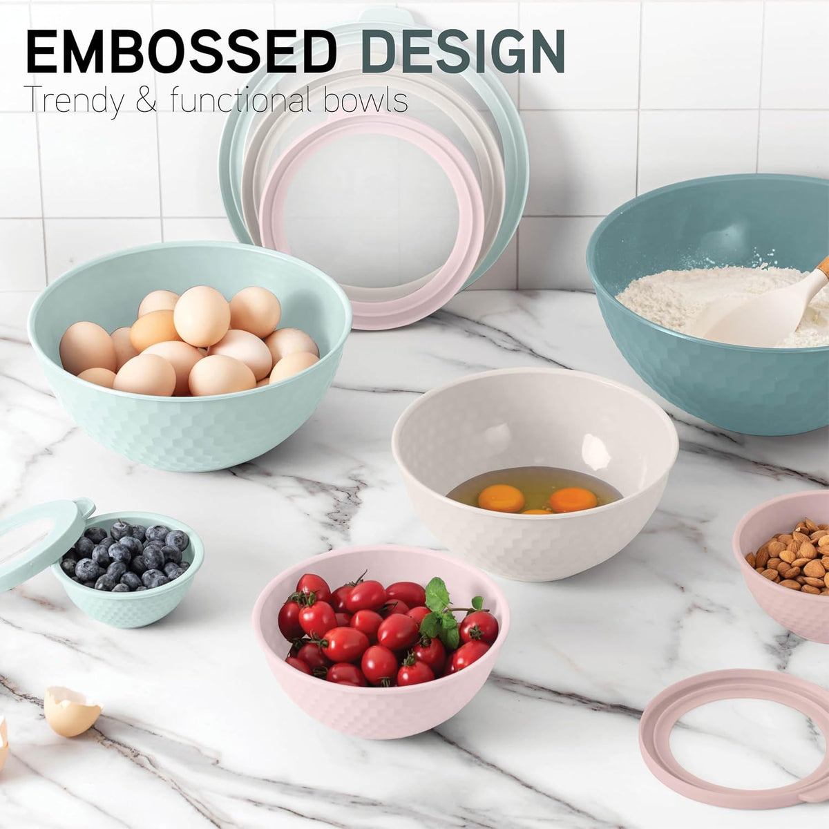 Mixing Bowls with Lids - 12 Piece Plastic Nesting Bowls Set includes 6 Prep Bowls and 6 Lids, Microwave Safe Mixing Bowl Set, Sage Embossed - Colors A