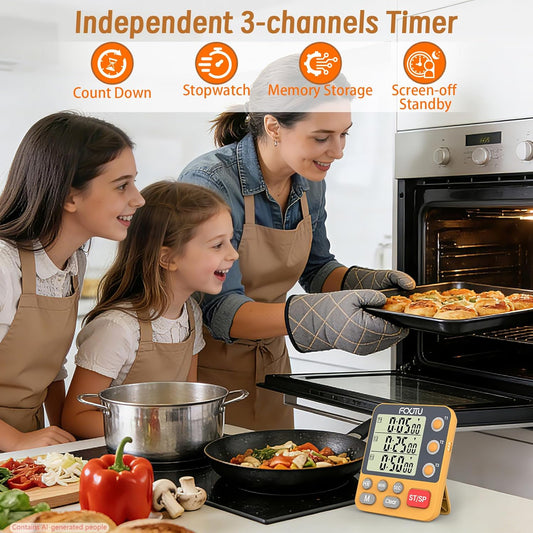 Digital Dual Triple Kitchen Timer, 3-Channel Magnetic Countdown Timer for Cooking, Large Display Stopwatch Multi Food Classroom Timer Loud Alarm for Seniors Teachers Battery Included (Orange)