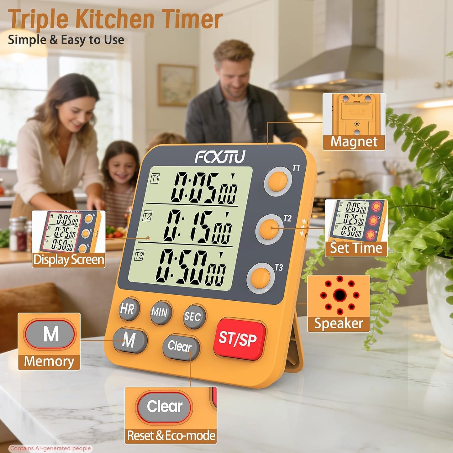 Digital Dual Triple Kitchen Timer, 3-Channel Magnetic Countdown Timer for Cooking, Large Display Stopwatch Multi Food Classroom Timer Loud Alarm for Seniors Teachers Battery Included (Orange)
