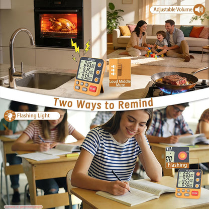 Digital Dual Triple Kitchen Timer, 3-Channel Magnetic Countdown Timer for Cooking, Large Display Stopwatch Multi Food Classroom Timer Loud Alarm for Seniors Teachers Battery Included (Orange)