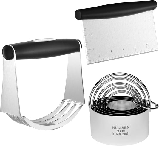 5-Pc Biscuit Cutter Set with Handle, Pastry Scraper, Dough Blender | Stainless Steel, Dishwasher Safe, Etched inch/cm Markings, Gift Package, Ergonomic Rubber Grip, Professional Baking Tools