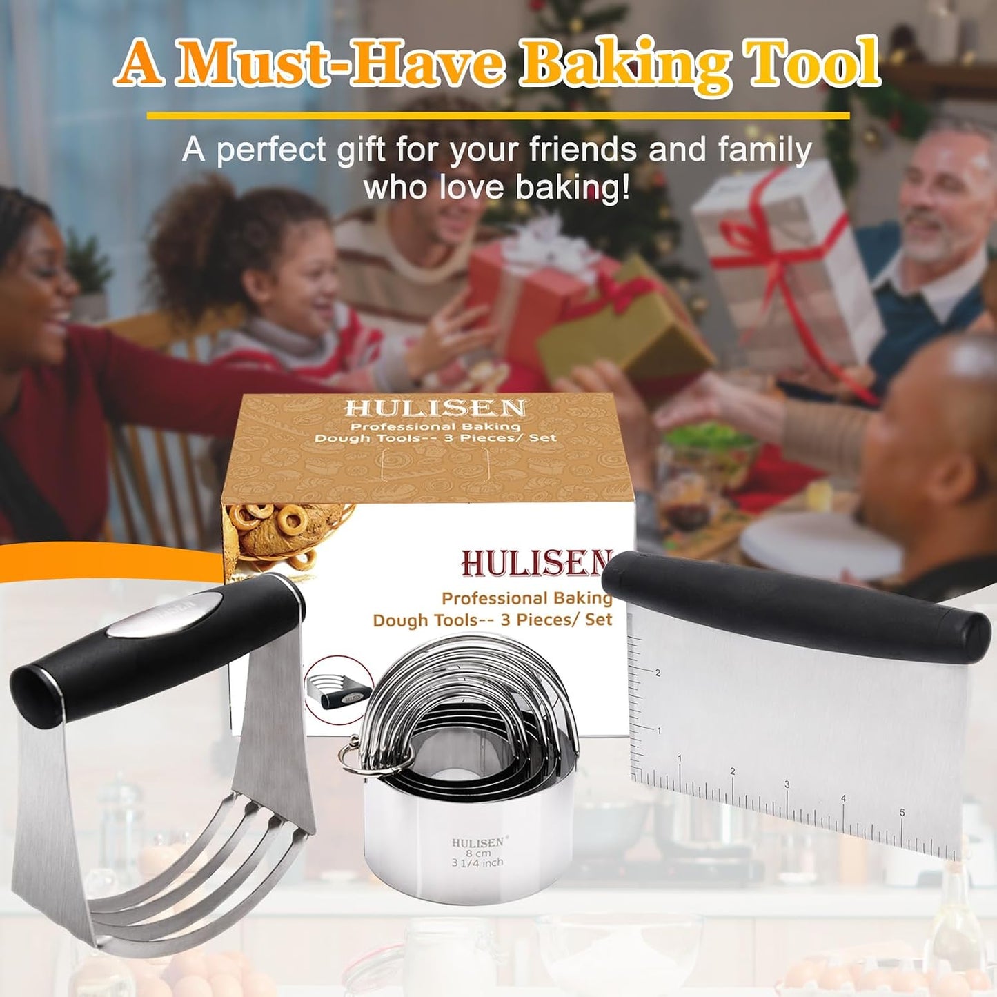 5-Pc Biscuit Cutter Set with Handle, Pastry Scraper, Dough Blender | Stainless Steel, Dishwasher Safe, Etched inch/cm Markings, Gift Package, Ergonomic Rubber Grip, Professional Baking Tools