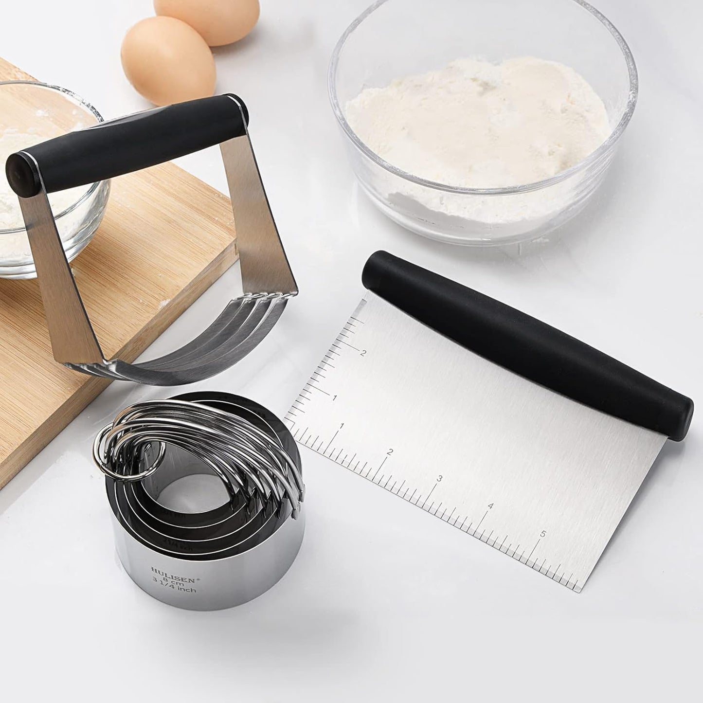5-Pc Biscuit Cutter Set with Handle, Pastry Scraper, Dough Blender | Stainless Steel, Dishwasher Safe, Etched inch/cm Markings, Gift Package, Ergonomic Rubber Grip, Professional Baking Tools