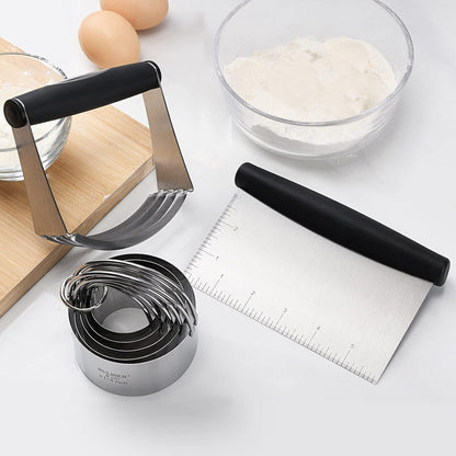 5-Pc Biscuit Cutter Set with Handle, Pastry Scraper, Dough Blender | Stainless Steel, Dishwasher Safe, Etched inch/cm Markings, Gift Package, Ergonomic Rubber Grip, Professional Baking Tools