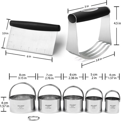 5-Pc Biscuit Cutter Set with Handle, Pastry Scraper, Dough Blender | Stainless Steel, Dishwasher Safe, Etched inch/cm Markings, Gift Package, Ergonomic Rubber Grip, Professional Baking Tools