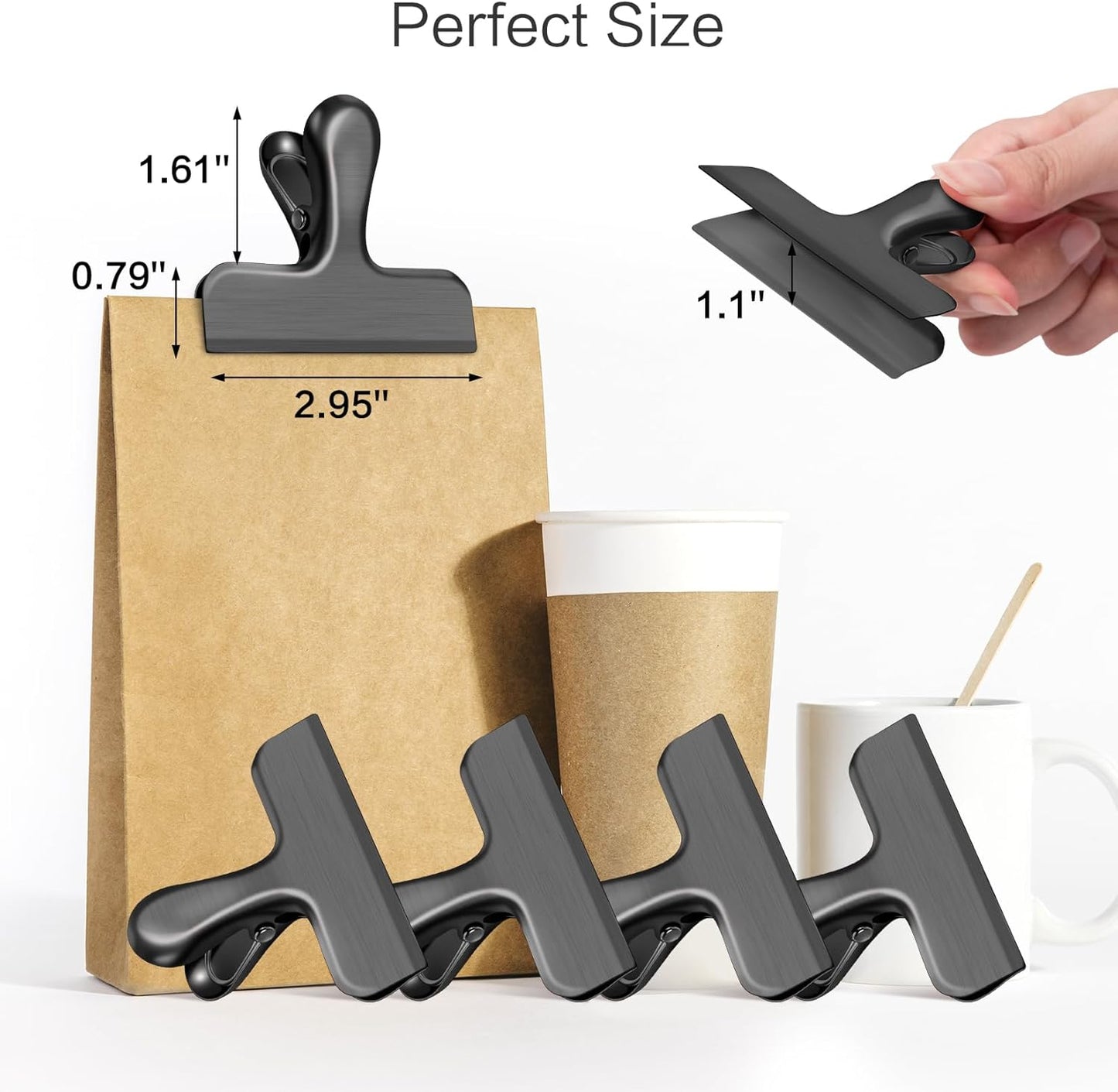 12 Pack Stainless Steel Chip Clips, Bag Clips for Food, Heavy Duty Chip & Bag Clip for Kitchen and Office to Seal Coffee Bags, Paper Sheets, Metal Clip Air Tight Seal-3 Inches (Black)
