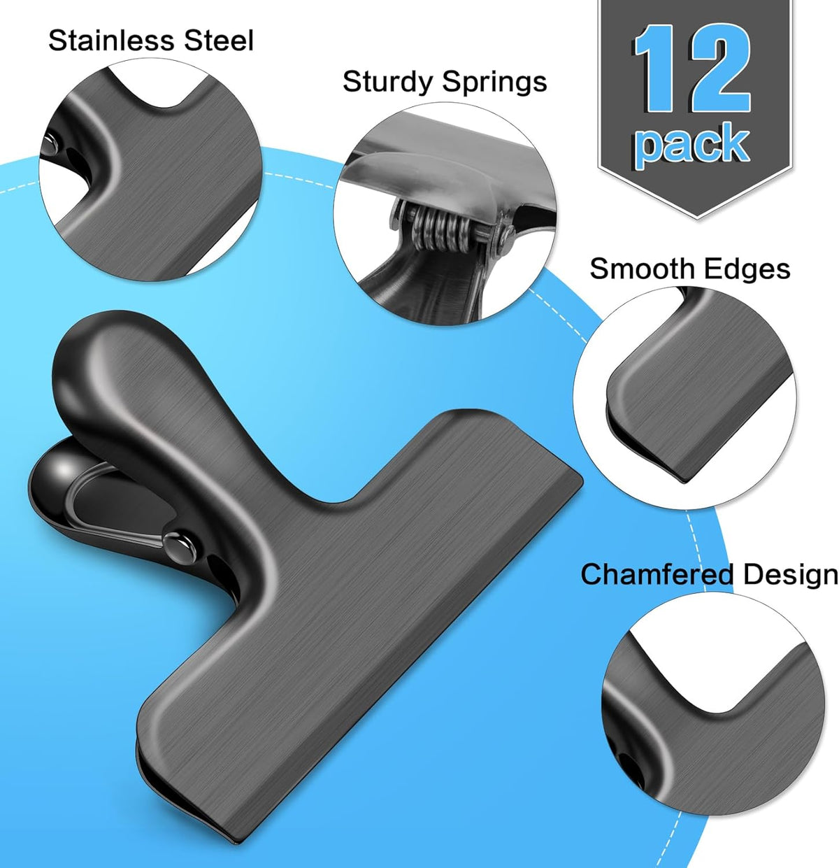 12 Pack Stainless Steel Chip Clips, Bag Clips for Food, Heavy Duty Chip & Bag Clip for Kitchen and Office to Seal Coffee Bags, Paper Sheets, Metal Clip Air Tight Seal-3 Inches (Black)