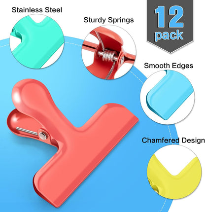 12 Pack Stainless Steel Chip Clips, Bag Clips for Food, Heavy Duty Chip & Bag Clip for Kitchen and Office to Seal Coffee Bags, Paper Sheets, Metal Clip Air Tight Seal-3 Inches (Black)