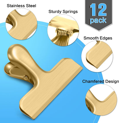 12 Pack Stainless Steel Chip Clips, Bag Clips for Food, Heavy Duty Chip & Bag Clip for Kitchen and Office to Seal Coffee Bags, Paper Sheets, Metal Clip Air Tight Seal-3 Inches (Black)