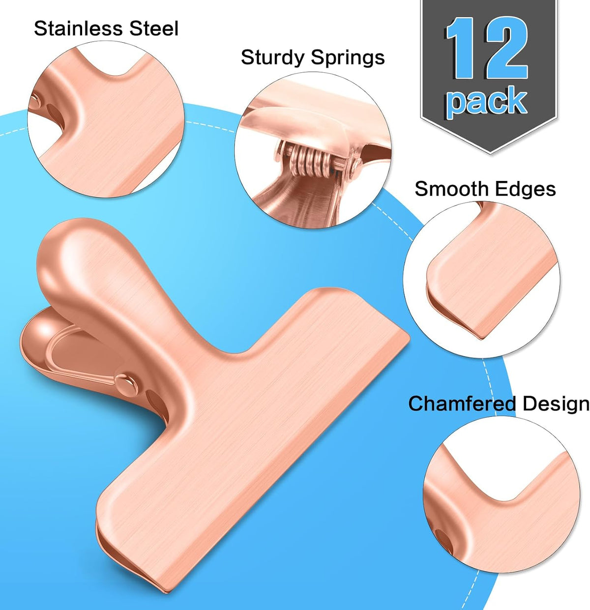 12 Pack Stainless Steel Chip Clips, Bag Clips for Food, Heavy Duty Chip & Bag Clip for Kitchen and Office to Seal Coffee Bags, Paper Sheets, Metal Clip Air Tight Seal-3 Inches (Black)