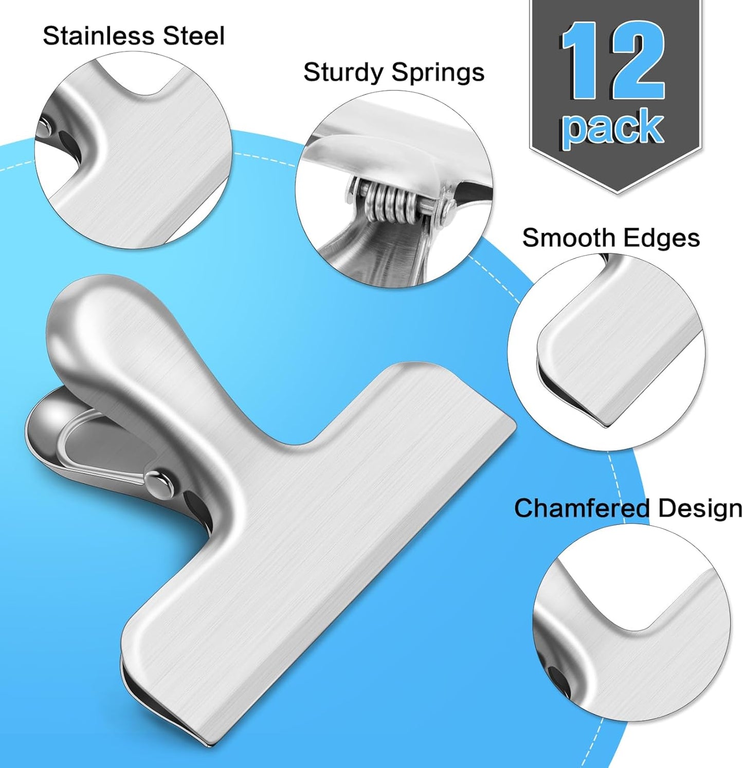 12 Pack Stainless Steel Chip Clips, Bag Clips for Food, Heavy Duty Chip & Bag Clip for Kitchen and Office to Seal Coffee Bags, Paper Sheets, Metal Clip Air Tight Seal-3 Inches (Black)