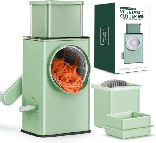 Rotary Cheese Grater 5 in 1 Green - Hand Crank Vegetable Cutter, Shredder, Slicer, Enlarge Input, Suction Base, Labor-Saving Handle, Blade Storage Box, for Onion, Potato, Vegetable, Nuts, etc