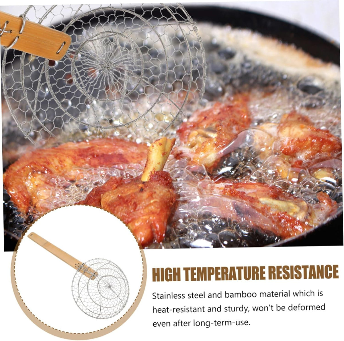 Spider Strainer, Stainless Steel Spider Kitchen Utensil, With Natural Bamboo Handle Kitchen Tool, Easy to Clean for Cooking